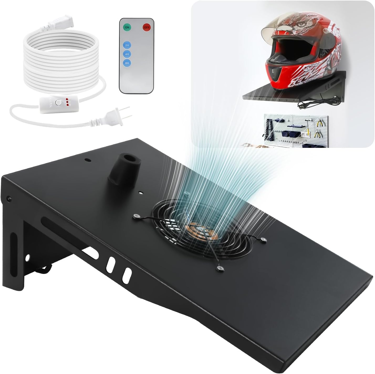 61B-IsBWmBL._AC_SL1500_.jpg Motorcycle Helmet Holder with Ventilation Fan, Timer, Remote Control & 16.4ft Power Cord, Motorcycle Helmet Rack Wall Mount, Helmet Dryer for Motorcycle, Scooter, or Home Use - Space-Saving Design - Image 1